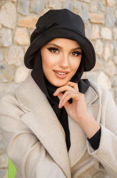 Siyah  Aksesuar Detay Atkılı Vintage Şapka - Resim 3