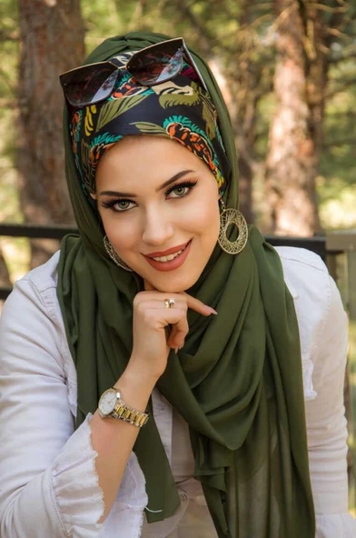 Haki Siyah Yaprak Desen Bone Hazır Şal - Resim 3