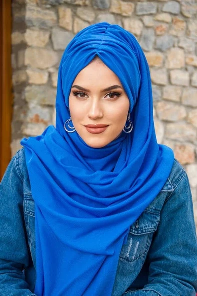 Saks Mavi Büzgülü Hazır Şal - Resim 2