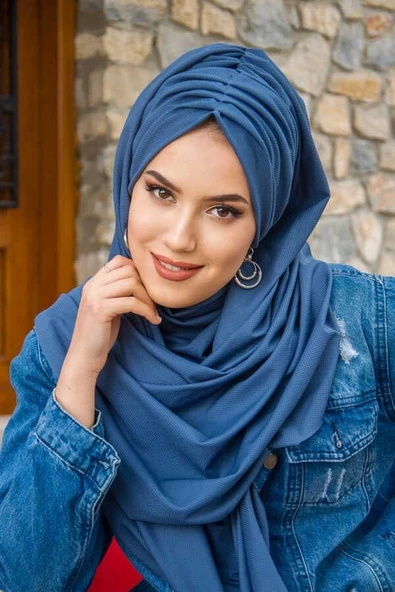 İndigo Büzgülü Hazır Şal - Resim 3