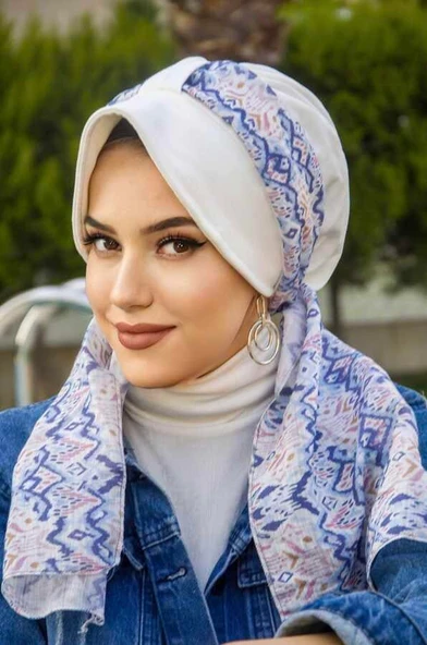 Beyaz Mavi Desenli Fularlı Şapka Bone ürün görseli
