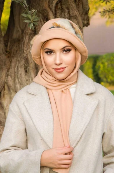 Bej Camel Kürk Aksesuarlı Atkılı Vintage Şapka - Resim 3