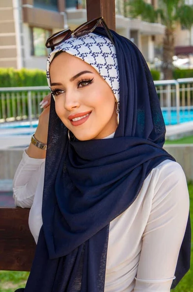 Lacivert Hat Desen Bone Hazır Şal - Resim 3