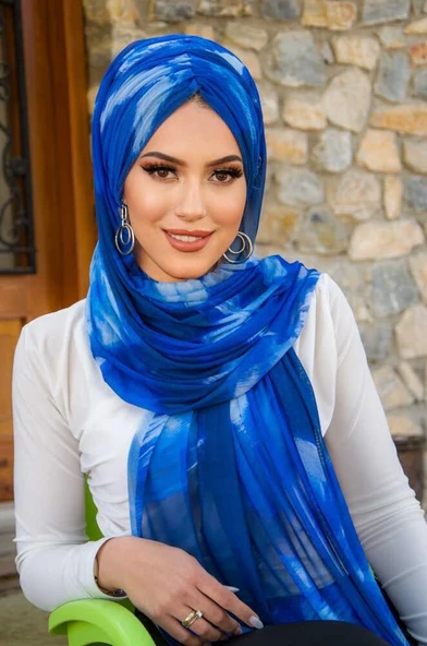 Saks Mavi Batik Desen Hazır Şal - Resim 3