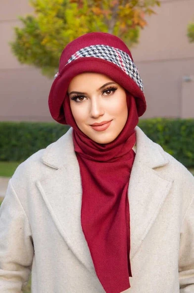 Bordo Dama Aksesuarlı Atkılı Vintage Şapka ürün görseli
