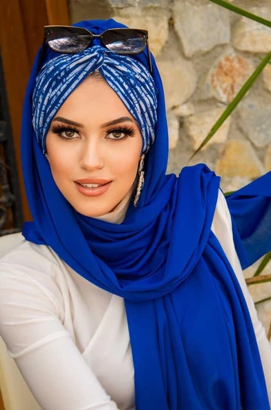 Saks Mavi Çizgili Burgu Hazır Şal ürün görseli