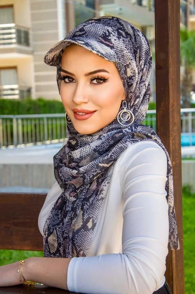 Siyah Yılan Derisi Desen Kepli Bandana Şapka Şal - 1