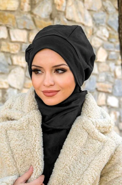 Siyah (İnce Dokuma) Fiyonklu Tesettür Bere - Resim 3