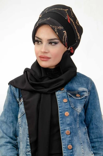 Siyah Zincir Desen Tesettür Şapka - Resim 2