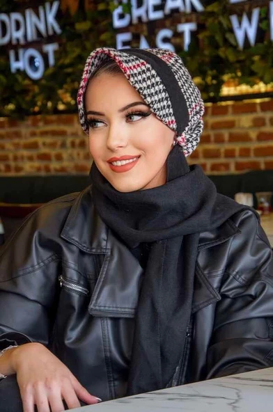 Siyah Kırmızı Kazayağı Desen Tesettür Şapka - Resim 3