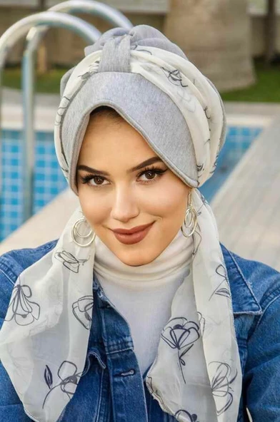 Gri Beyaz Dolgulu  Fularlı Şapka Bone - Resim 4