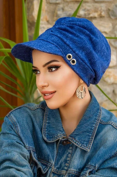 Kot Mavi Desen Metal Detaylı Tesettür Şapka Bone - Resim 3