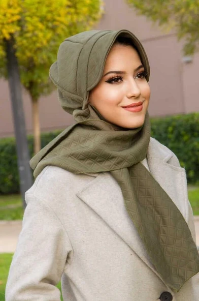 Haki Kapitone Atkılı Tesettür Şapka - Resim 3