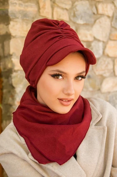 Bordo Büzgülü Tesettür Şapka Ve Etol Takım - Resim 3