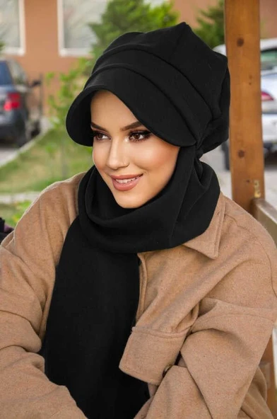 Siyah Kaşe Tesettür Şapka - 4