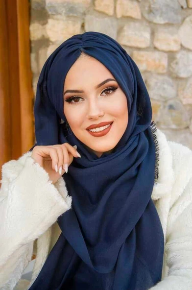 Lacivert Büzgülü Hazır Şal - Resim 3