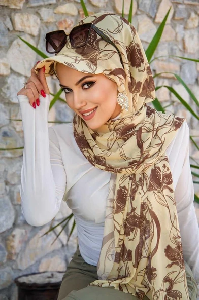 Uçuk Sarı kahve Desen Kepli Bandana Şapka Şal - 3
