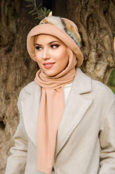 Bej Camel Kürk Aksesuarlı Atkılı Vintage Şapka ürün görseli