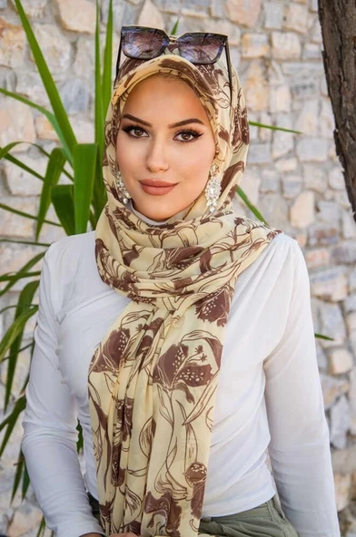 Uçuk Sarı kahve Desen Kepli Bandana Şapka Şal - 5