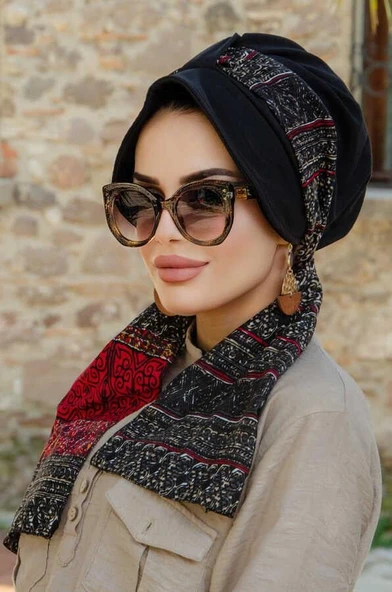 Siyah Bordo Etnik Desen Şapkalı Bone - Resim 2