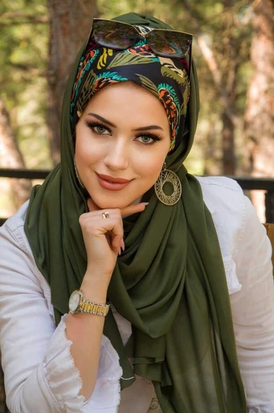 Haki Siyah Yaprak Desen Bone Hazır Şal ürün görseli