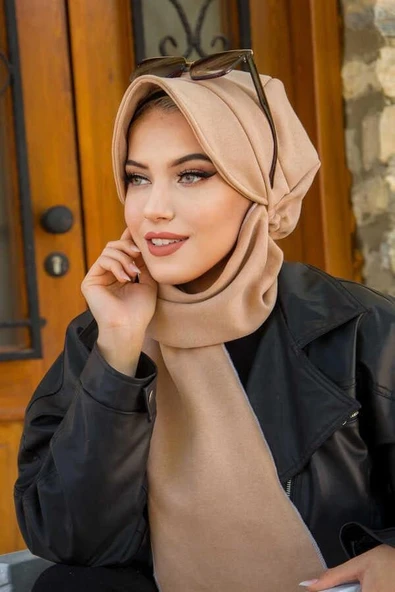 Bej Dore Hazır Atkılı Tesettür Şapka - 4