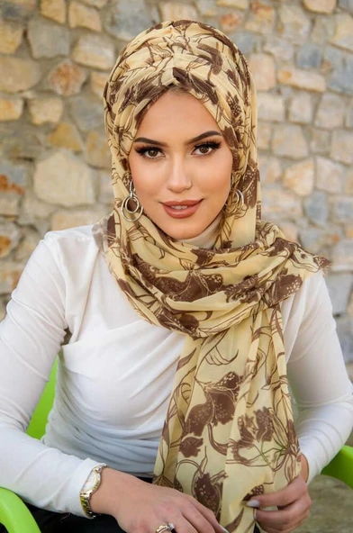 Uçuk Sarı Kahve Çiçek Desen Hazır Şal - Resim 2