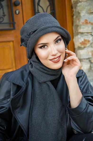 Füme Aksesuarlı Vintage Atkılı Şapka - Resim 2