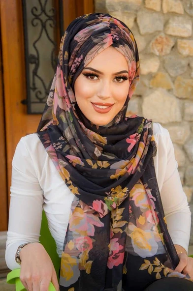 Siyah Çiçek Desen Hazır Şal - Resim 4