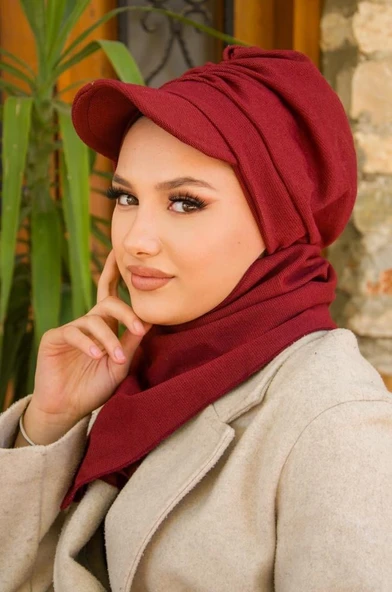 Bordo Büzgülü Tesettür Şapka Ve Etol Takım - Resim 2