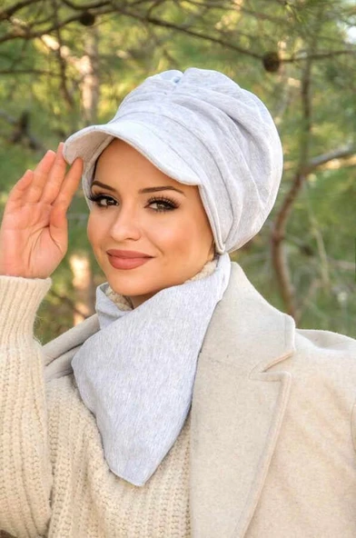 Eşofman Gri Metal Detaylı Büzgülü Tesettür Şapka Ve Etol Takım - Resim 2