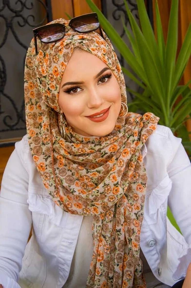 Vizon Bej Çiçek Desenli Hazır Şifon Şal ürün görseli