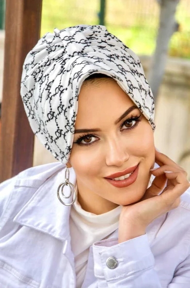 Siyah Beyaz Hat Desenli Tesettür Şapka Bone - Resim 3