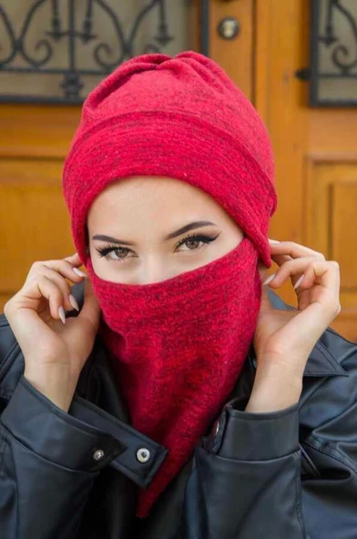 Kırmızı Desen Maskeli Bere - Resim 3