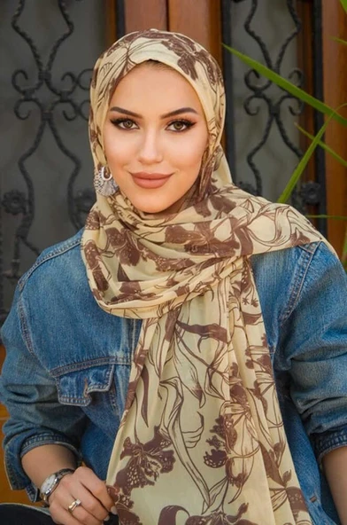 Uçuk Sarı Kahve Desenli Bone Hazır Şal ürün görseli