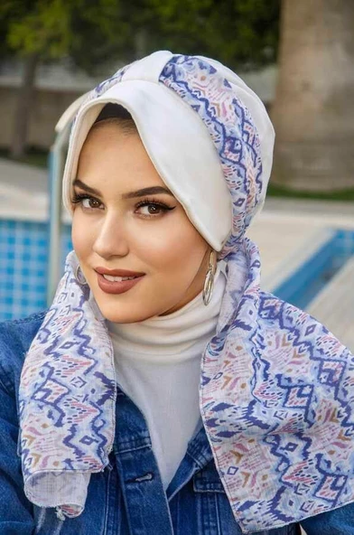 Beyaz Mavi Desenli Fularlı Şapka Bone - Resim 3