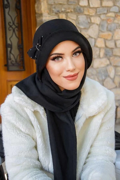 Siyah Taşlı Aksesuarlı Vintage Şapka - 1