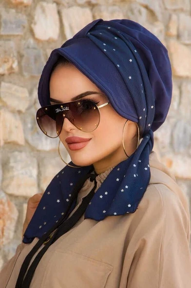 Lacivert Yıldız Desen Fularlı Şapka Bone - Resim 3
