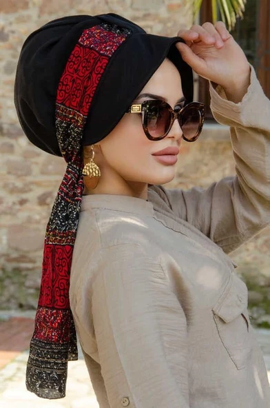 Siyah Bordo Etnik Desen Şapkalı Bone - Resim 3