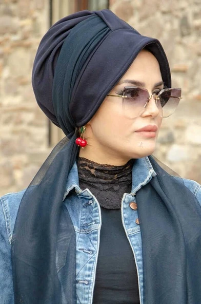 Lacivert Şapkalı Fularlı Şapka Bone - Resim 2