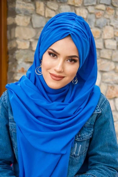 Saks Mavi Büzgülü Hazır Şal - Resim 3