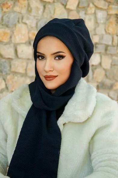 Lacivert Kendinden Desenli Tesettür Bere - Resim 2