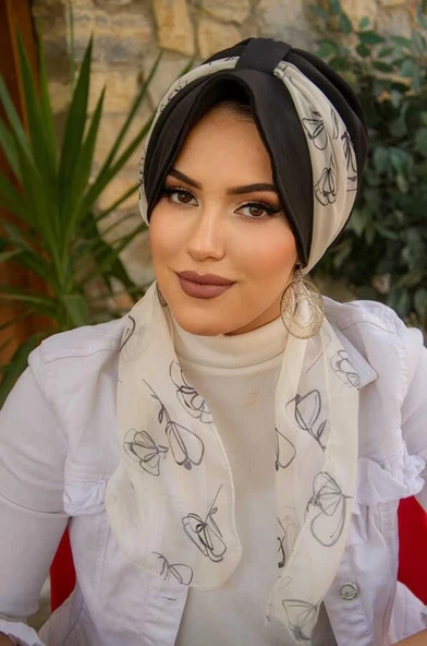 Siyah Ekru Desen Fularlı Şapka Bone - Resim 2