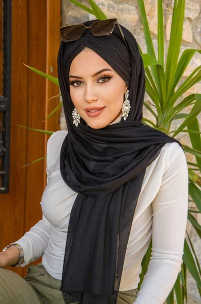 Siyah Ponpon Büzgülü Hazır Şal - Resim 3