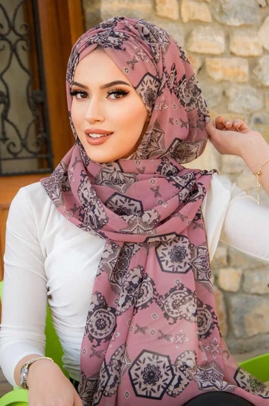 Koyu Pudra Retro Desen Hazır Şal - Resim 2