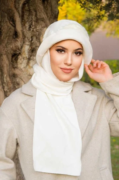 Krem Kürk Aksesuarlı Atkılı Vintage Şapka - Resim 2