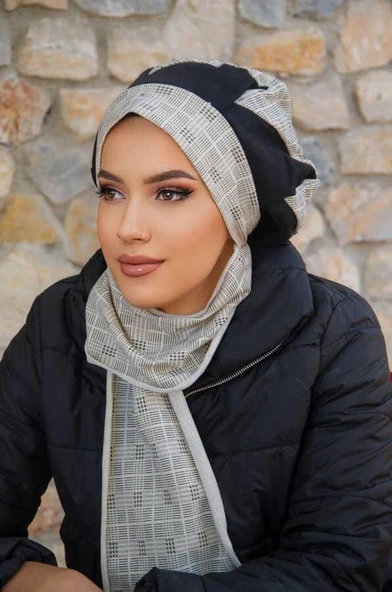 Ekru Ekose Garnili Tesettür Bere - Resim 3