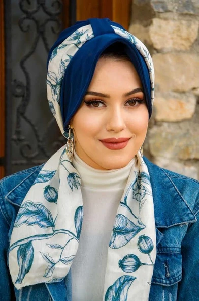 Lacivert Beyaz Yaprak Fularlı Şapka Bone ürün görseli