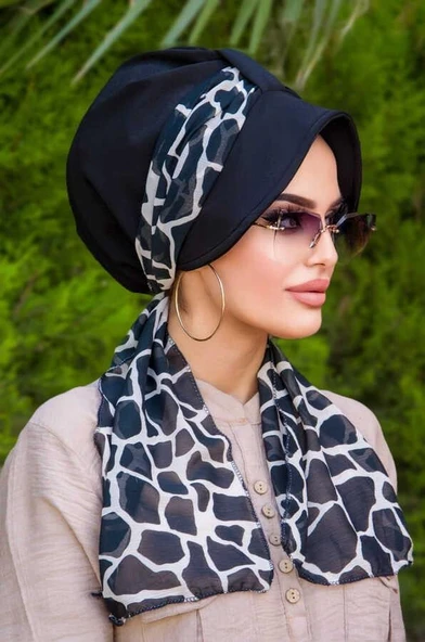 Siyah Mermer Desen Fularlı Şapka Bone ürün görseli