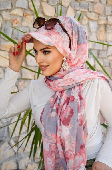 Pudra Gri Desen Kepli Bandana Şapka Şal - Resim 5